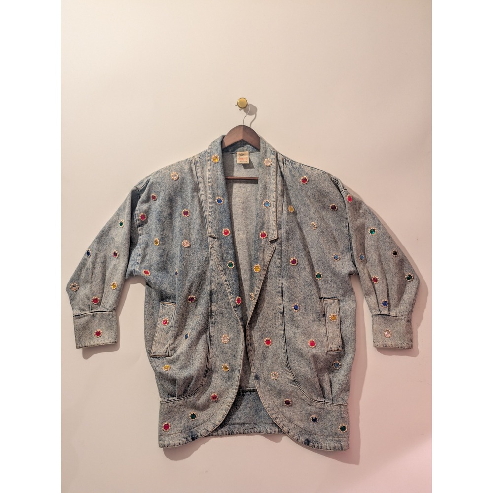Laura Rogers Denim Jacket Women L Blue Excellent Rhinestone Art To Wear Vintage